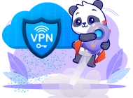 A cute panda riding a rocket with a VPN shield in the background.