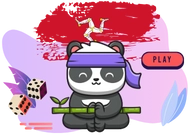 A meditating cartoon panda with a purple headband holds a bamboo stick. The Isle of Man emblem is floating above its head. The background features purple accents, dice, decorative leaves, and a 