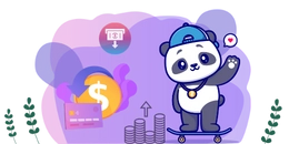 Panda with a skateboard, credit card, and money, surrounded by money symbols.