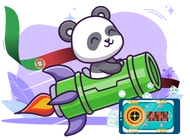 A cute panda riding a rocket with the Portuguese flag. There's a smartphone with a casino game in the background.