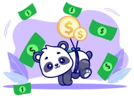 Panda flying with money balloons. Money is falling from the sky.