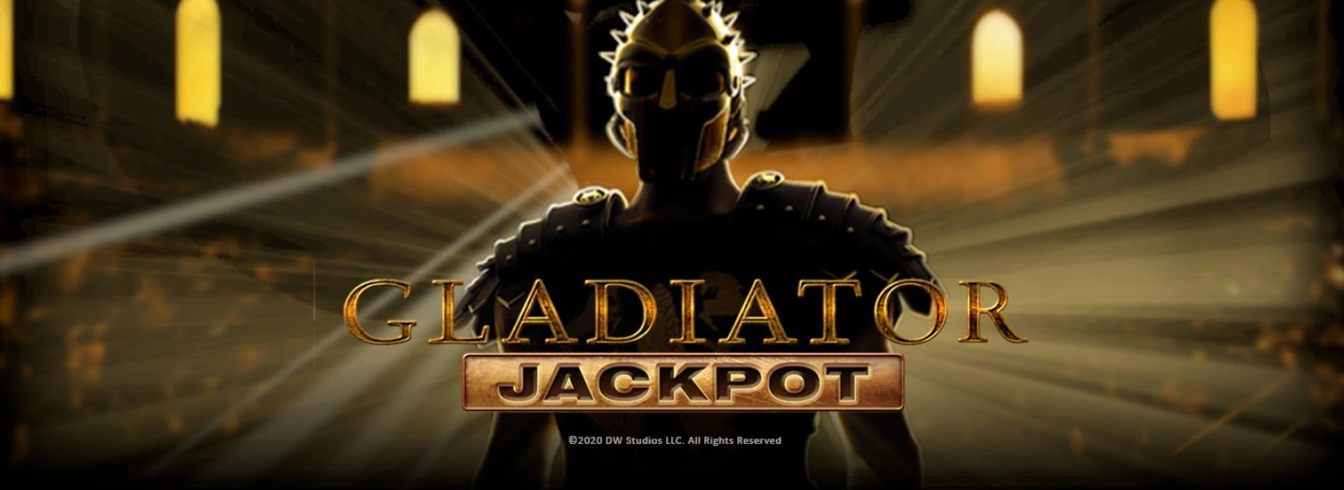 A gladiator in full armor, standing in a dimly lit arena. The word "GLADIATOR" is displayed in gold letters above him, with the word "JACKPOT" in a smaller gold banner below.