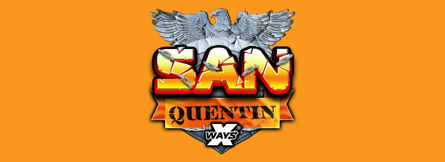 A logo with the text "SAN QUENTIN X WAYS" in a bold, stylized font. Two eagles with outstretched wings flank the text, and the overall design has a gritty, rock and roll aesthetic. The background is a bright orange color.