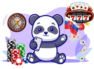 Panda holding a smartphone, with a Slovak flag and casino symbols in the background.