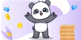 A happy panda with its arms raised, surrounded by coins. There are thumbs-up icons and a stack of coins in the background.