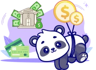 Cute panda holding balloons with dollar signs, with a bank and credit cards in the background