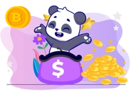 A happy panda sitting in a money bag with a dollar sign, surrounded by gold coins and a Bitcoin symbol. Stars are in the background.