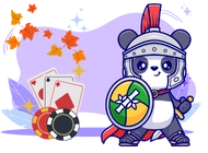 A panda dressed as a Roman gladiator, holding a shield and sword. Playing cards and casino chips are in the background.