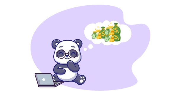 Happy panda cartoon character dreaming of financial success, with a laptop and money bags.