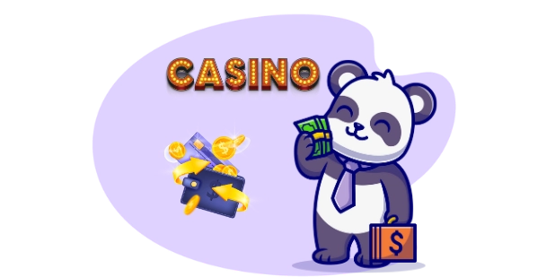 Happy panda cartoon character enjoying a casino jackpot, with money and a briefcase.