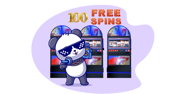 Cool panda cartoon character with sunglasses and headphones, standing in front of three slot machines with a "100 FREE SPINS" sign, suggesting a casino bonus offer.