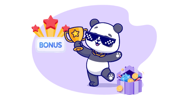 Cool panda cartoon character wearing sunglasses and holding a trophy, celebrating a bonus win with a gift box.