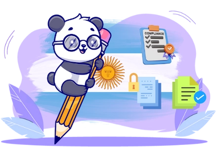 Cute panda cartoon character wearing glasses and holding a pencil, with the Argentinian flag, a compliance checklist, and security symbols, suggesting a focus on regulatory compliance in Argentina.