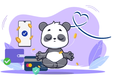 Cute panda cartoon character meditating, with a smartphone, wallet, and credit card, suggesting a focus on secure online payments.