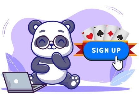 Cute panda cartoon character with glasses, using a laptop and surrounded by playing cards, suggesting a focus on online casinos and gambling.