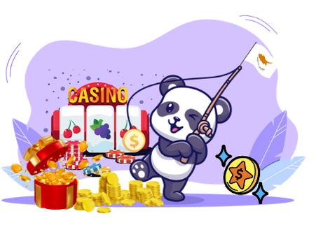 Cute panda cartoon character fishing for a Cyprus flag, standing next to a slot machine and a pile of coins, suggesting a focus on online casinos in Cyprus.