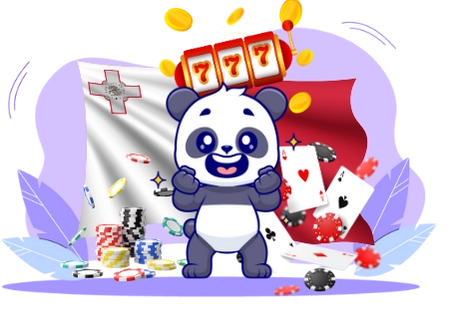 Happy panda cartoon character celebrating a victory, with a slot machine, playing cards, and a Maltese flag.