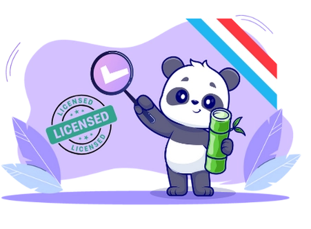 Playful panda cartoon emphasizing the importance of licensing, with a magnifying glass and a 