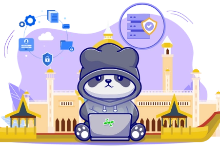 Playful panda cartoon protecting online data, with a laptop, security symbols, and a mosque in the background.