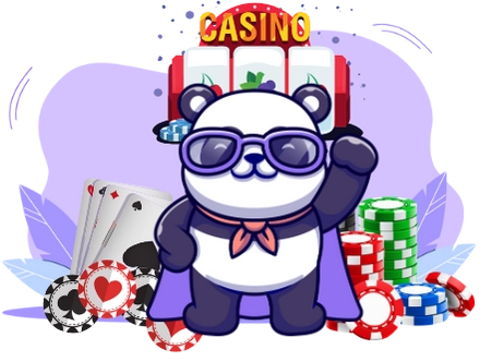 Playful panda cartoon celebrating a casino win, with playing cards, casino chips, and a slot machine.