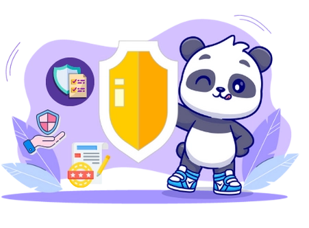 Cute panda cartoon character holding a shield, with security symbols like a lock, a checklist, and a star rating, suggesting a focus on online security and safety.