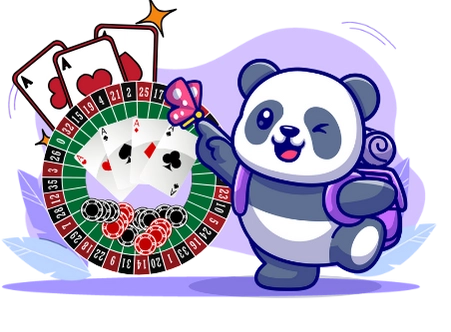 Playful panda cartoon exploring the world of online casinos, with playing cards, a roulette wheel, and a backpack.