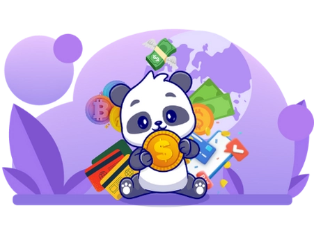 Happy panda cartoon character enjoying the convenience of online payments, with coins, credit cards, and a globe.