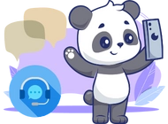 A cute panda looking at a smartphone. There is a blue circle with a headset and chat bubble icon in the background.