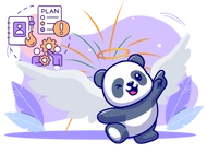 Happy panda with wings, plan document, exclamation mark