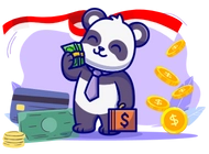 A cute panda wearing a tie and holding money, with cards, coins and the Indonesian flag in the background.