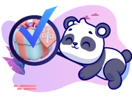 A cute panda is looking at a gift box with a magnifying glass. There is a checkmark and a percent sign on the gift box.