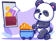 A cute panda is pushing a wheelbarrow full of gold coins. A smartphone with a wallet and credit card is in the background.