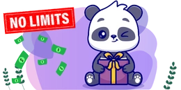 Panda sitting on the ground, holding a gift box with a big ribbon. There are money bills flying around and a red stamp that says "NO LIMITS."