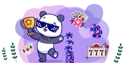 Panda with a trophy and sunglasses, surrounded by playing cards, casino chips, and a slot machine.