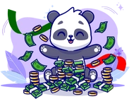 A happy panda sitting on a pile of money and coins, with more money falling from the sky.