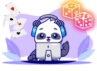 A cute panda wearing headphones and sitting in front of a laptop, giving a thumbs up. Playing cards and dice are floating around it.