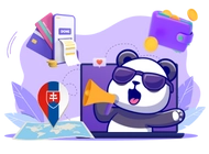 Panda with sunglasses, holding a megaphone next to a laptop, with Slovak flag and payment icons in the background.