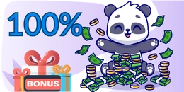 A happy panda sitting on a pile of money, with money falling from the sky. The numbers "100%" are next to the panda, and there is a gift box with the word "BONUS" on it.