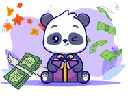 A cute panda sitting on the ground, holding a wrapped gift box. Money is flying around it.