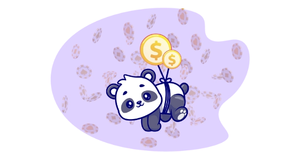 Playful panda cartoon soaring with golden coin balloons, celebrating a casino jackpot.