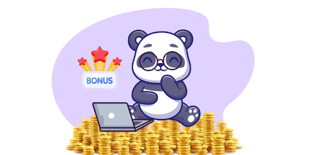 Happy panda cartoon character enjoying an online casino bonus, with a laptop, coins, and a bonus sign.