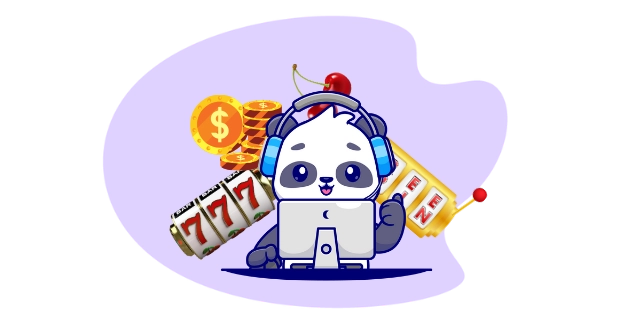 Happy panda cartoon character celebrating a casino win, with headphones, a computer, and slot machines.