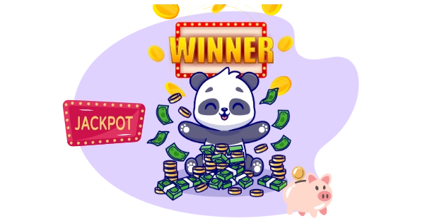 Cute panda cartoon character sitting on a pile of money, celebrating a jackpot win with coins and a piggy bank.