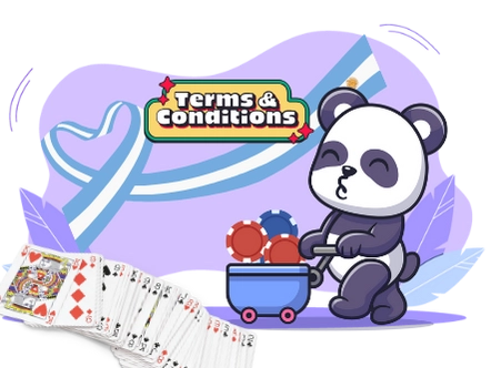 Cute panda cartoon character pushing a cart with casino chips, next to a sign that says 