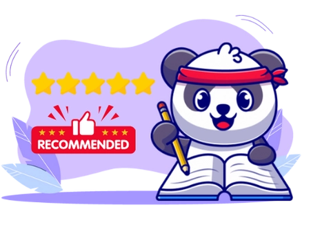 Happy panda cartoon character enjoying a high-quality product or service, with a book, a pencil, and stars.