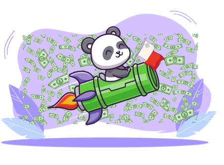 Cute panda cartoon character riding a rocket made of bamboo, flying through a shower of money, suggesting a focus on financial success and prosperity.