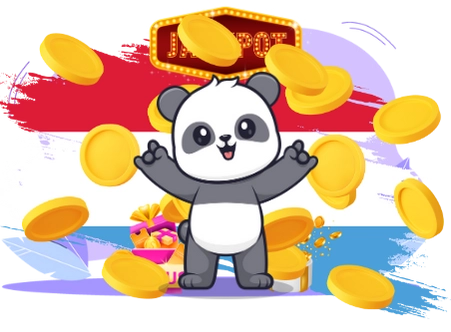 Happy panda cartoon character celebrating a lucky win, with gold coins, a 