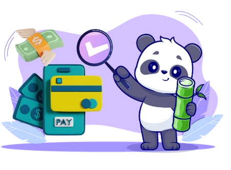 Happy panda cartoon character enjoying the benefits of secure online payments, with a magnifying glass, credit cards, and dollar bills.