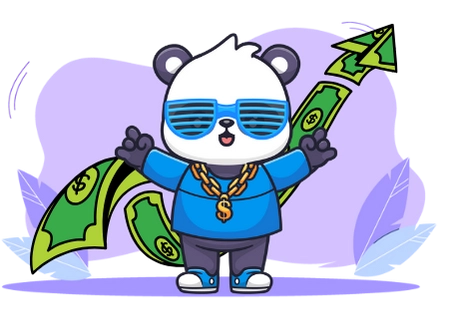 Playful panda cartoon celebrating financial growth, with dollar bills and a rising arrow.