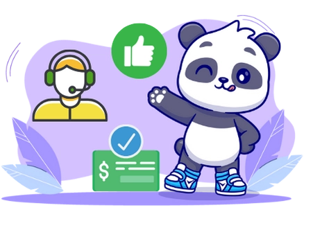 Happy panda cartoon character enjoying excellent customer service, with a customer service icon, a checkmark, and a dollar bill.